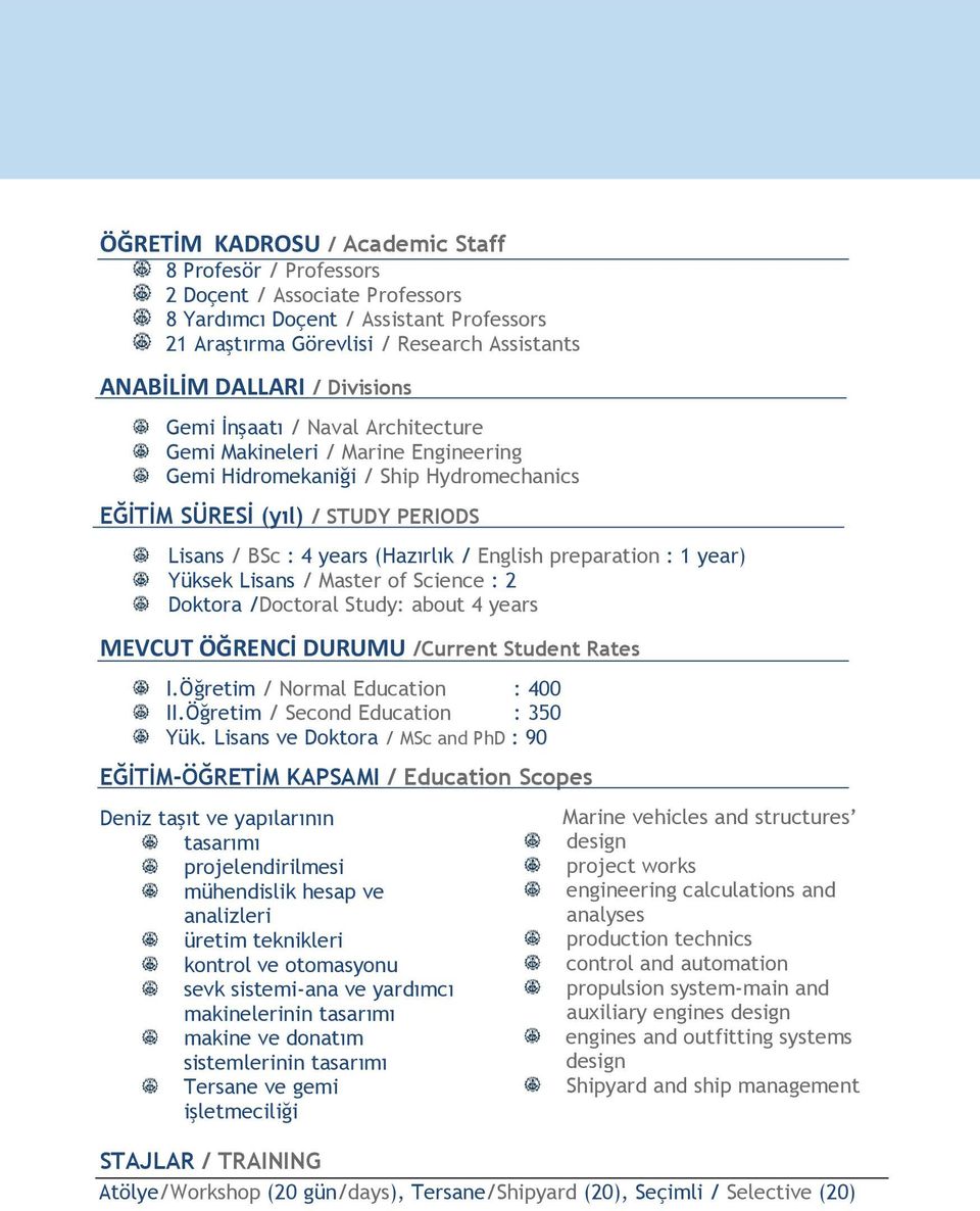 English preparation : 1 year) Yüksek Lisans / Master of Science : 2 Doktora /Doctoral Study: about 4 years MEVCUT ÖĞRENCİ DURUMU /Current Student Rates I.Öğretim / Normal Education : 400 II.