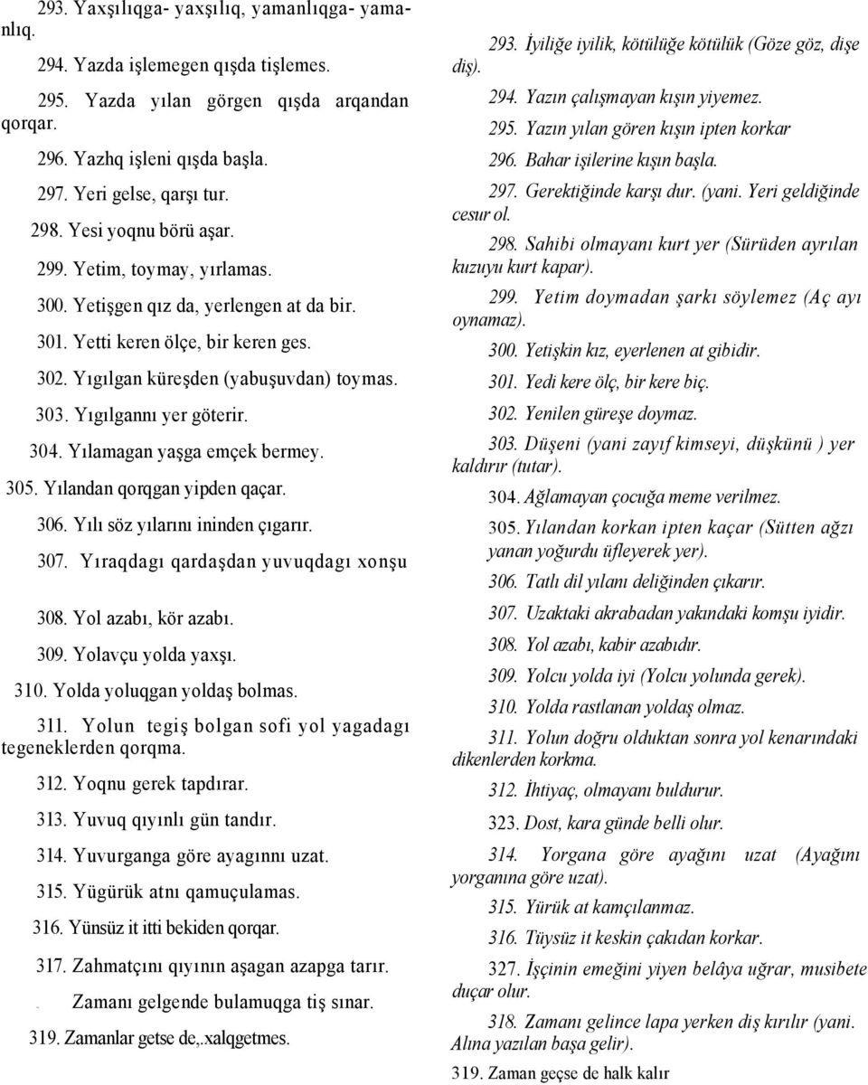 Ylamagan yaga emçek bermey. 305. Ylandan qorqgan yipden qaçar. 306. Yl söz ylarn ininden çgarr. 307. Yraqdag qardadan yuvuqdag xonu 308. Yol azab, kör azab. 309. Yolavçu yolda yax. 310.