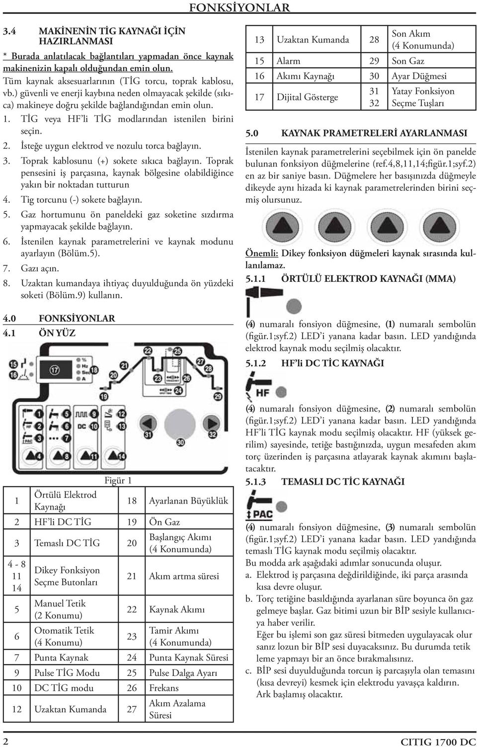 TİG veya HF li TİG modlarından istenilen birini seçin. 2. İsteğe uygun elektrod ve nozulu torca bağlayın. 3. Toprak kablosunu (+) sokete sıkıca bağlayın.