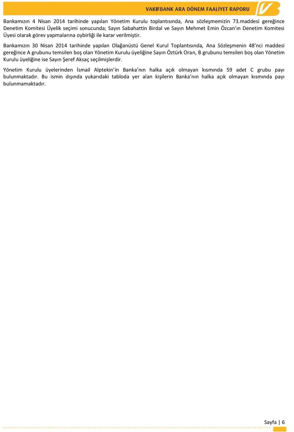 Bankamızın 30 Nisan 2014 tarihinde yapılan Olağanüstü Genel Kurul Toplantısında, Ana Sözleşmenin 48 nci maddesi gereğince A grubunu temsilen boş olan Yönetim Kurulu üyeliğine Sayın Öztürk Oran, B