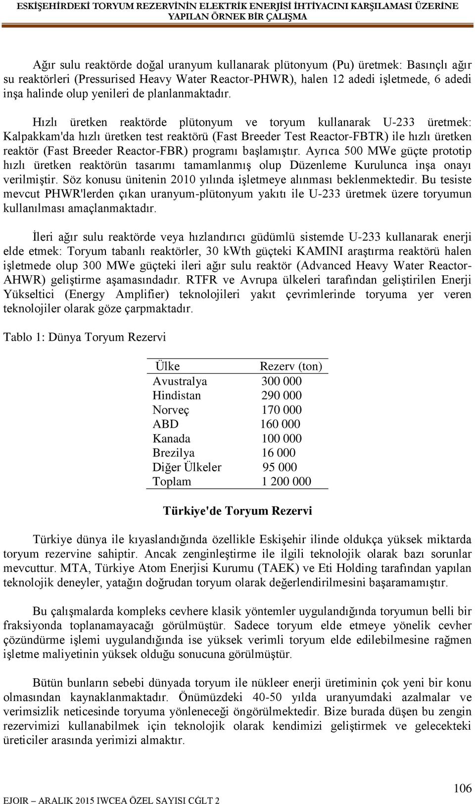 Hızlı üretken reaktörde plütonyum ve toryum kullanarak U-233 üretmek: Kalpakkam'da hızlı üretken test reaktörü (Fast Breeder Test Reactor-FBTR) ile hızlı üretken reaktör (Fast Breeder Reactor-FBR)