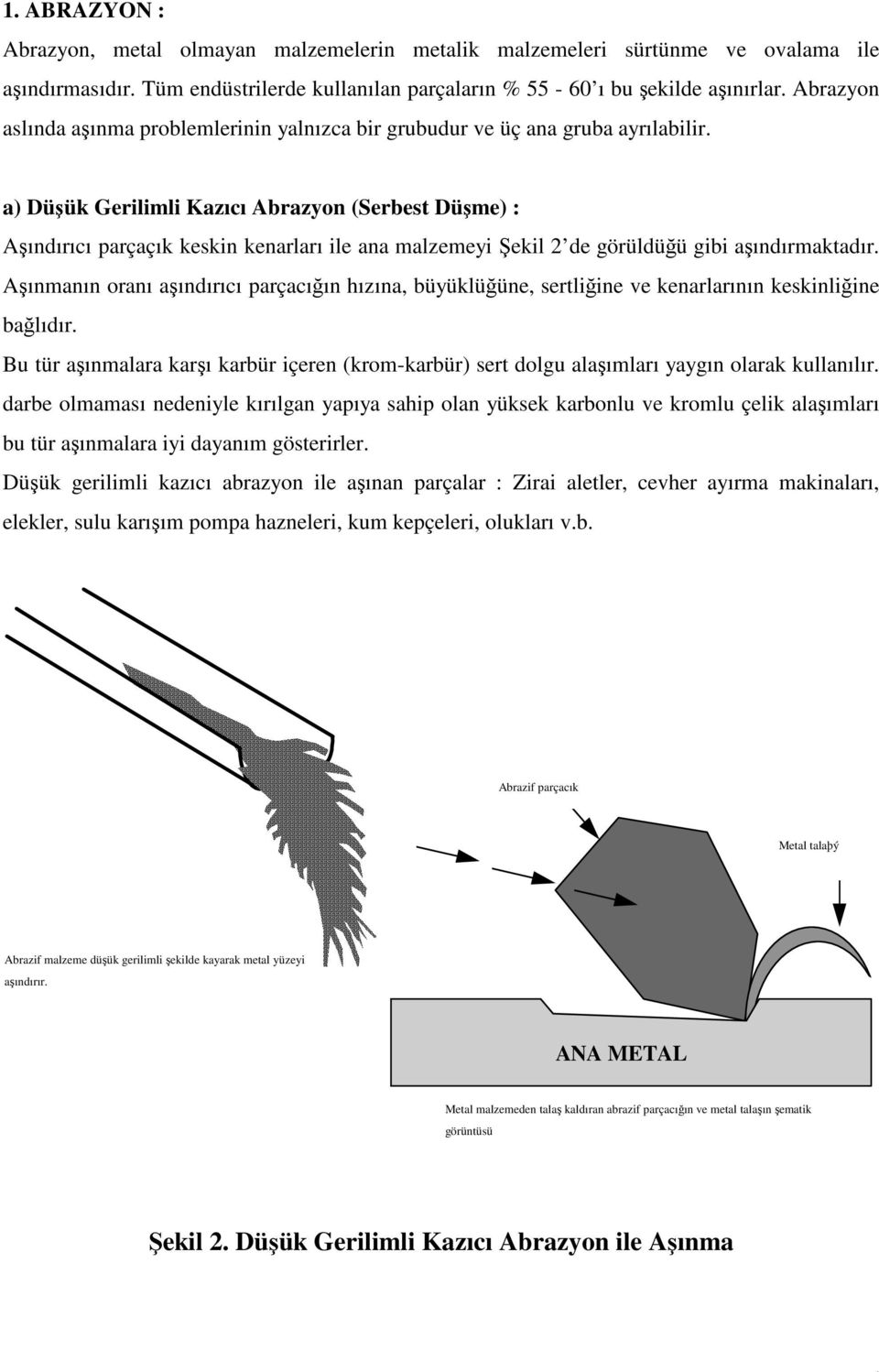 a) Düşük Gerilimli Kazıcı Abrazyon (Serbest Düşme) : Aşındırıcı parçaçık keskin kenarları ile ana malzemeyi Şekil 2 de görüldüğü gibi aşındırmaktadır.