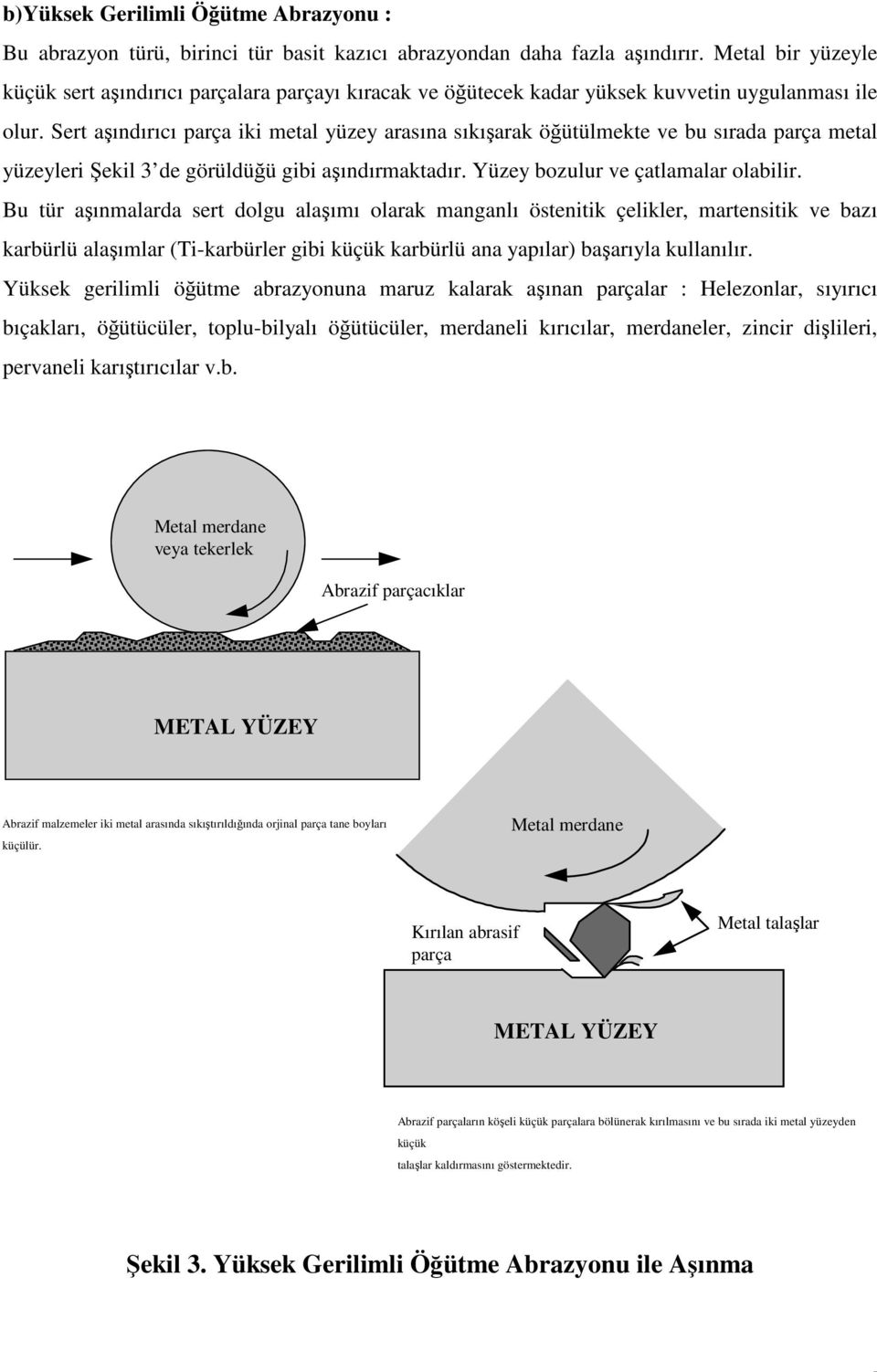 Sert aşındırıcı parça iki metal yüzey arasına sıkışarak öğütülmekte ve bu sırada parça metal yüzeyleri Şekil 3 de görüldüğü gibi aşındırmaktadır. Yüzey bozulur ve çatlamalar olabilir.