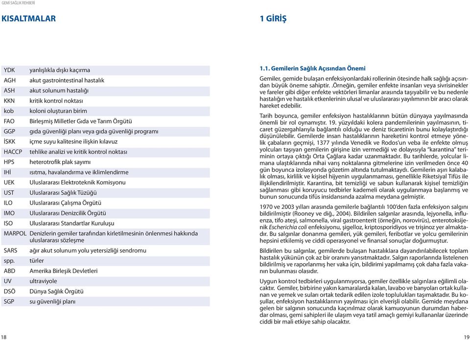 havalandırma ve iklimlendirme UEK Uluslararası Elektroteknik Komisyonu UST Uluslararası Sağlık Tüzüğü ILO Uluslararası Çalışma Örgütü IMO Uluslararası Denizcilik Örgütü ISO Uluslararası Standartlar