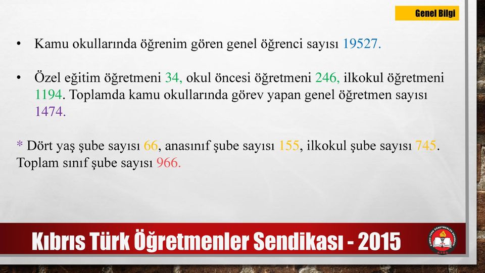 Toplamda kamu okullarında görev yapan genel öğretmen sayısı 1474.