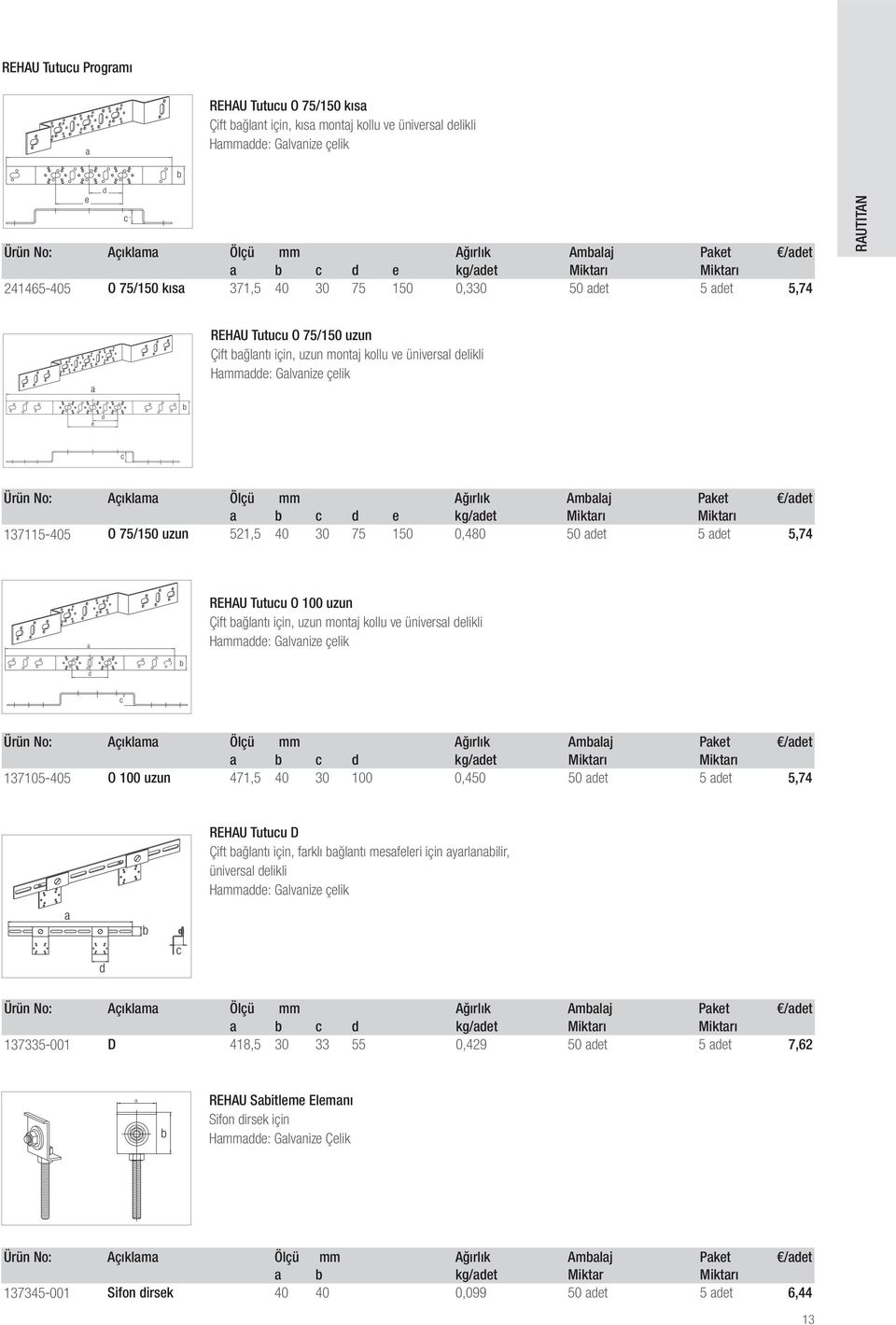 mm Ağırlık Amlj Pket /det d e kg/det Miktrı Miktrı 137115-405 O 75/150 uun 521,5 40 30 75 150 0,480 50 det 5 det 5,74 REHAU Tutuu O 100 uun Çift ğlntı için, uun montj kollu ve üniversl delikli