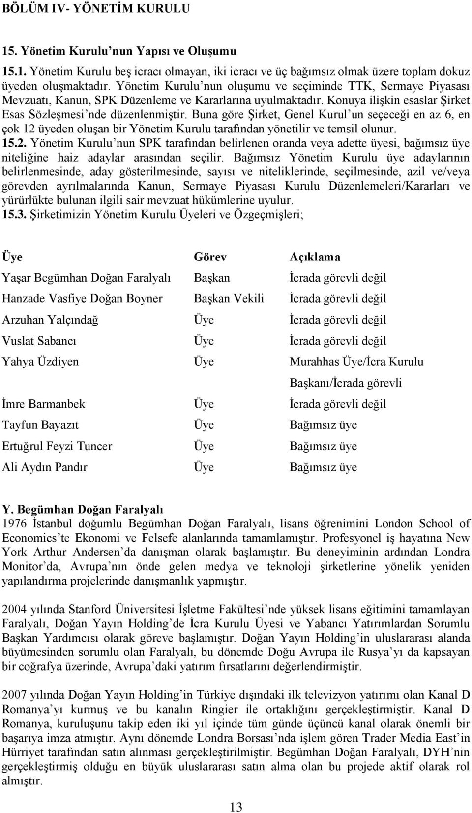 Buna göre Şirket, Genel Kurul un seçeceği en az 6, en çok 12 üyeden oluşan bir Yönetim Kurulu tarafından yönetilir ve temsil olunur. 15.2. Yönetim Kurulu nun SPK tarafından belirlenen oranda veya adette üyesi, bağımsız üye niteliğine haiz adaylar arasından seçilir.