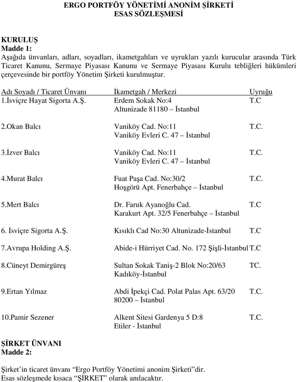 C Altunizade 81180 Đstanbul 2.Okan Balcı Vaniköy Cad. No:11 T.C. Vaniköy Evleri C. 47 Đstanbul 3.Đzver Balcı Vaniköy Cad. No:11 T.C. Vaniköy Evleri C. 47 Đstanbul 4.Murat Balcı Fuat Paşa Cad.