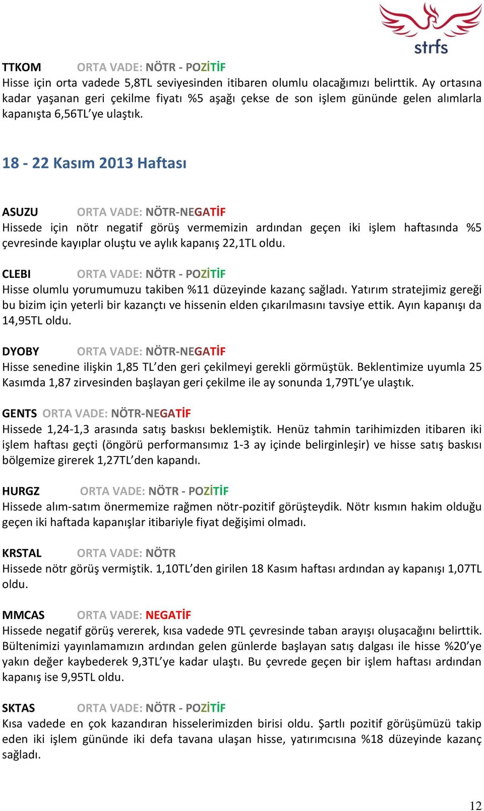 18-22 Kasım 2013 Haftası ASUZU ORTA VADE: NÖTR-NEGATİF Hissede için nötr negatif görüş vermemizin ardından geçen iki işlem haftasında %5 çevresinde kayıplar oluştu ve aylık kapanış 22,1TL oldu.