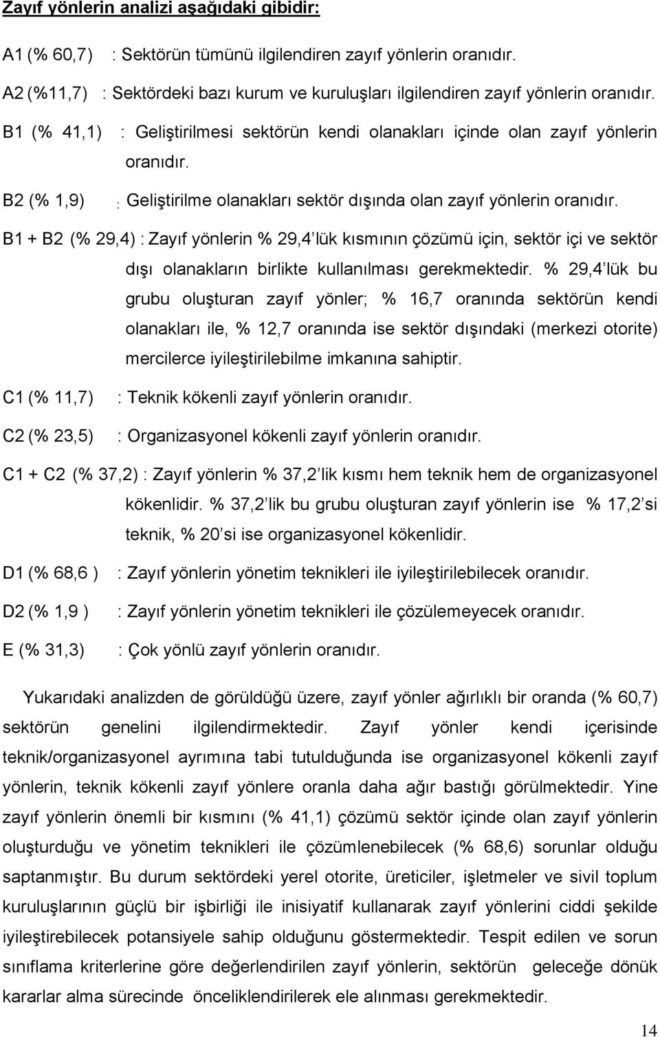 B1 + B2 (% 29,4) : Zayıf yönlerin % 29,4 lük kısmının çözümü için, sektör içi ve sektör dışı olanakların birlikte kullanılması gerekmektedir.