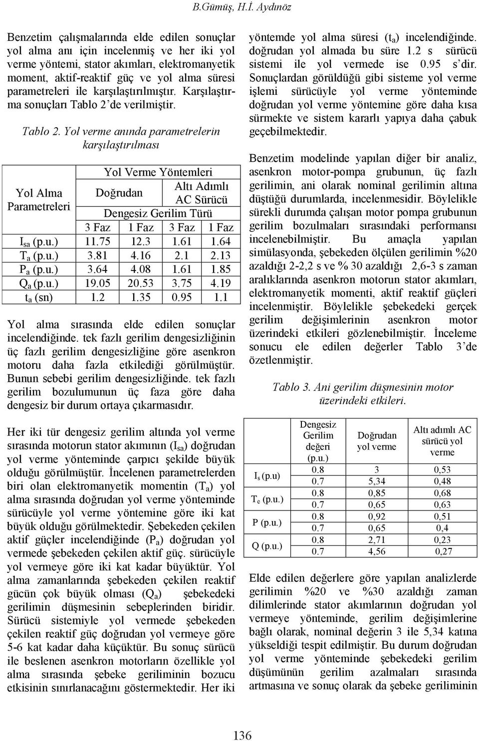 parametreleri ile karşılaştırılmıştır. Karşılaştırma sonuçları Tablo 2 