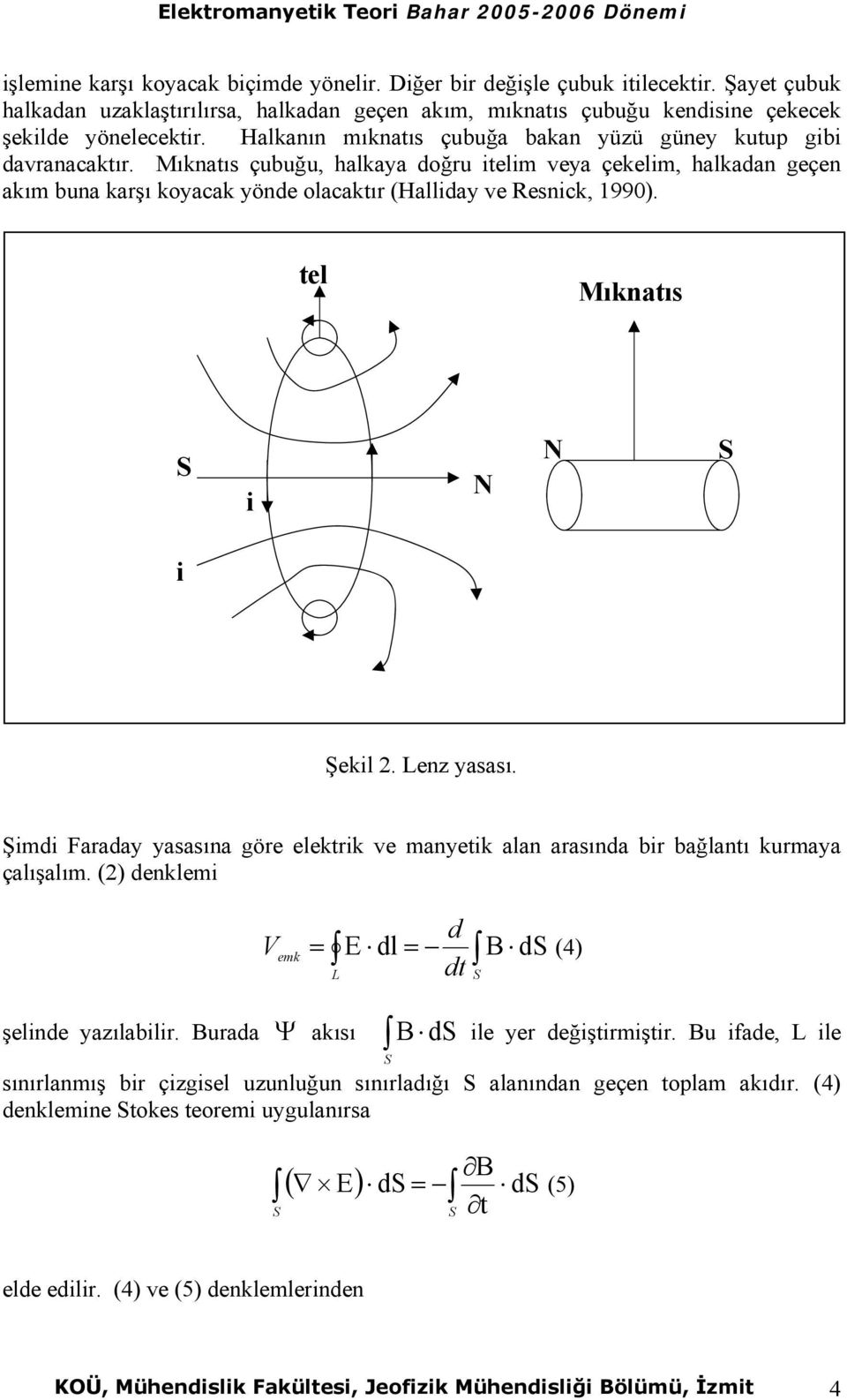 tel Mıknatıs i N N i Şekil 2. Lenz yasası. Şimi Faraay yasasına göre elektrik e manyetik alan arasına bir bağlantı kurmaya çalışalım. (2) enklemi V emk = L E l = B (4) t şeline yazılabilir.