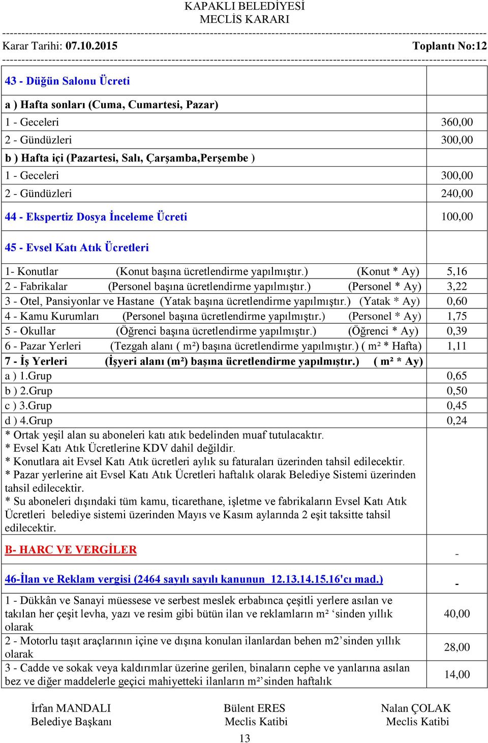 ) (Konut * Ay) 5,16 2 - Fabrikalar (Personel başına ücretlendirme yapılmıştır.) (Personel * Ay) 3,22 3 - Otel, Pansiyonlar ve Hastane (Yatak başına ücretlendirme yapılmıştır.