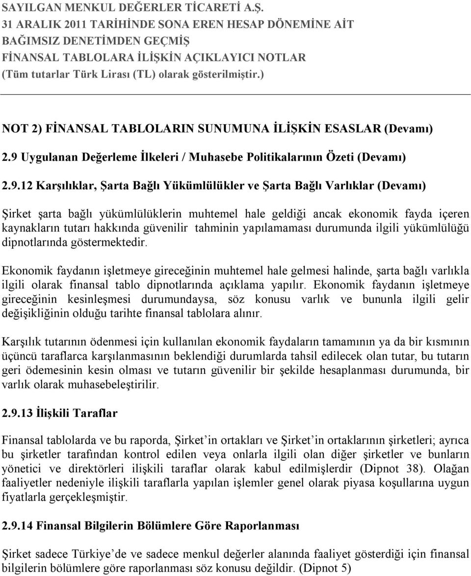 12 Karşılıklar, Şarta Bağlı Yükümlülükler ve Şarta Bağlı Varlıklar (Devamı) Şirket şarta bağlı yükümlülüklerin muhtemel hale geldiği ancak ekonomik fayda içeren kaynakların tutarı hakkında güvenilir