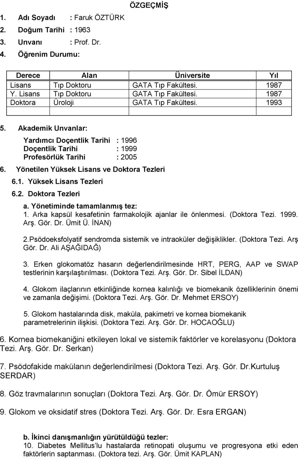 Yönetilen Yüksek Lisans ve Doktora Tezleri 6.1. Yüksek Lisans Tezleri 6.2. Doktora Tezleri a. Yönetiminde tamamlanmış tez: 1. Arka kapsül kesafetinin farmakolojik ajanlar ile önlenmesi. (Doktora Tezi.