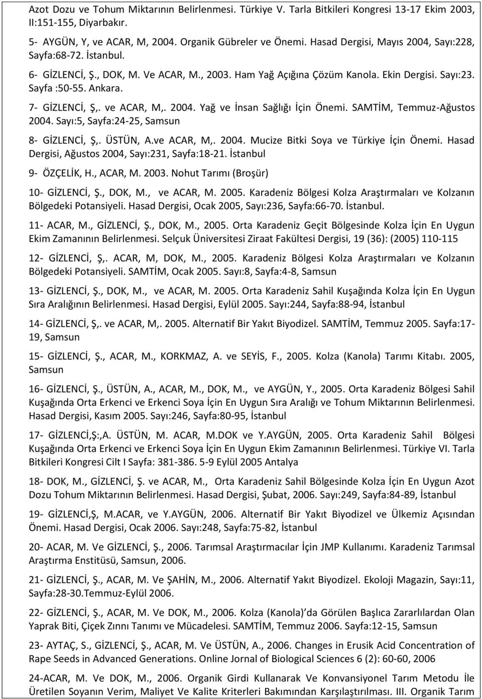 ve ACAR, M,. 2004. Yağ ve İnsan Sağlığı İçin Önemi. SAMTİM, Temmuz-Ağustos 2004. Sayı:5, Sayfa:24-25, Samsun 8- GİZLENCİ, Ş,. ÜSTÜN, A.ve ACAR, M,. 2004. Mucize Bitki Soya ve Türkiye İçin Önemi.