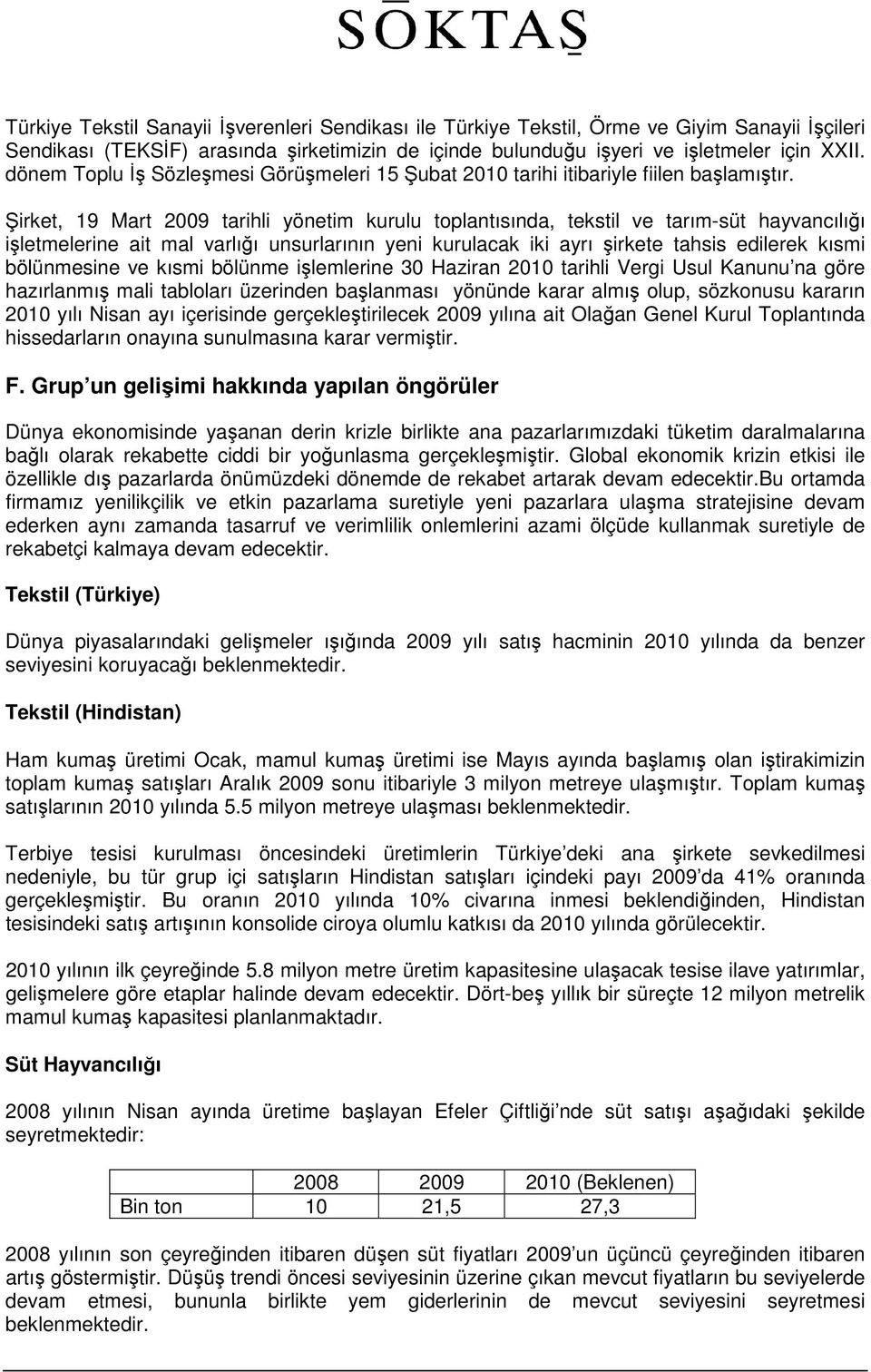 Şirket, 19 Mart 2009 tarihli yönetim kurulu toplantısında, tekstil ve tarım-süt hayvancılığı işletmelerine ait mal varlığı unsurlarının yeni kurulacak iki ayrı şirkete tahsis edilerek kısmi