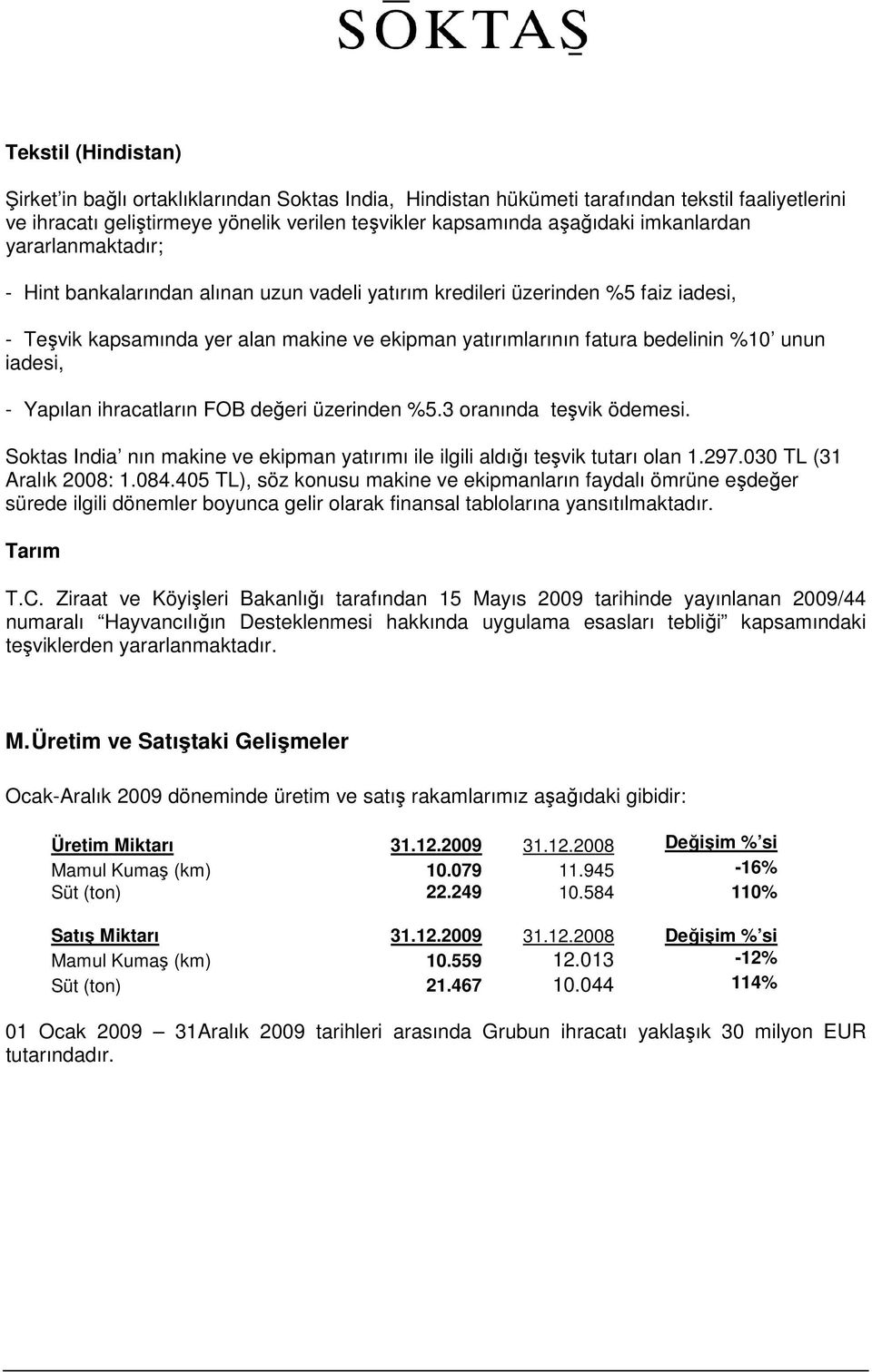 unun iadesi, - Yapılan ihracatların FOB değeri üzerinden %5.3 oranında teşvik ödemesi. Soktas India nın makine ve ekipman yatırımı ile ilgili aldığı teşvik tutarı olan 1.297.030 TL (31 Aralık 2008: 1.