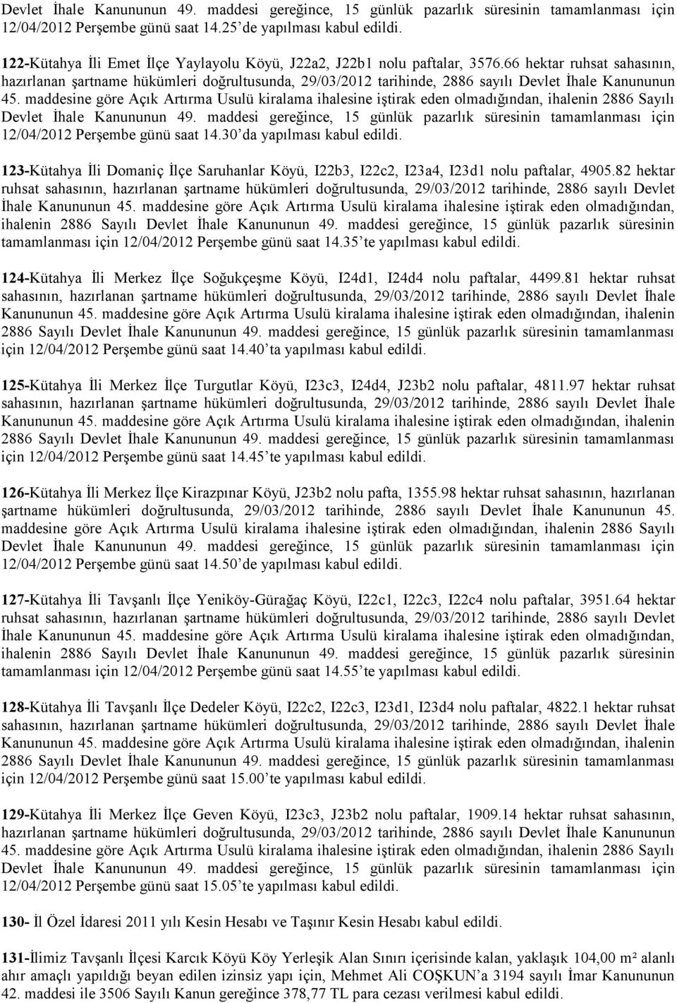 maddesine göre Açık Artırma Usulü kiralama ihalesine iştirak eden olmadığından, ihalenin 2886 Sayılı 12/04/2012 Perşembe günü saat 14.