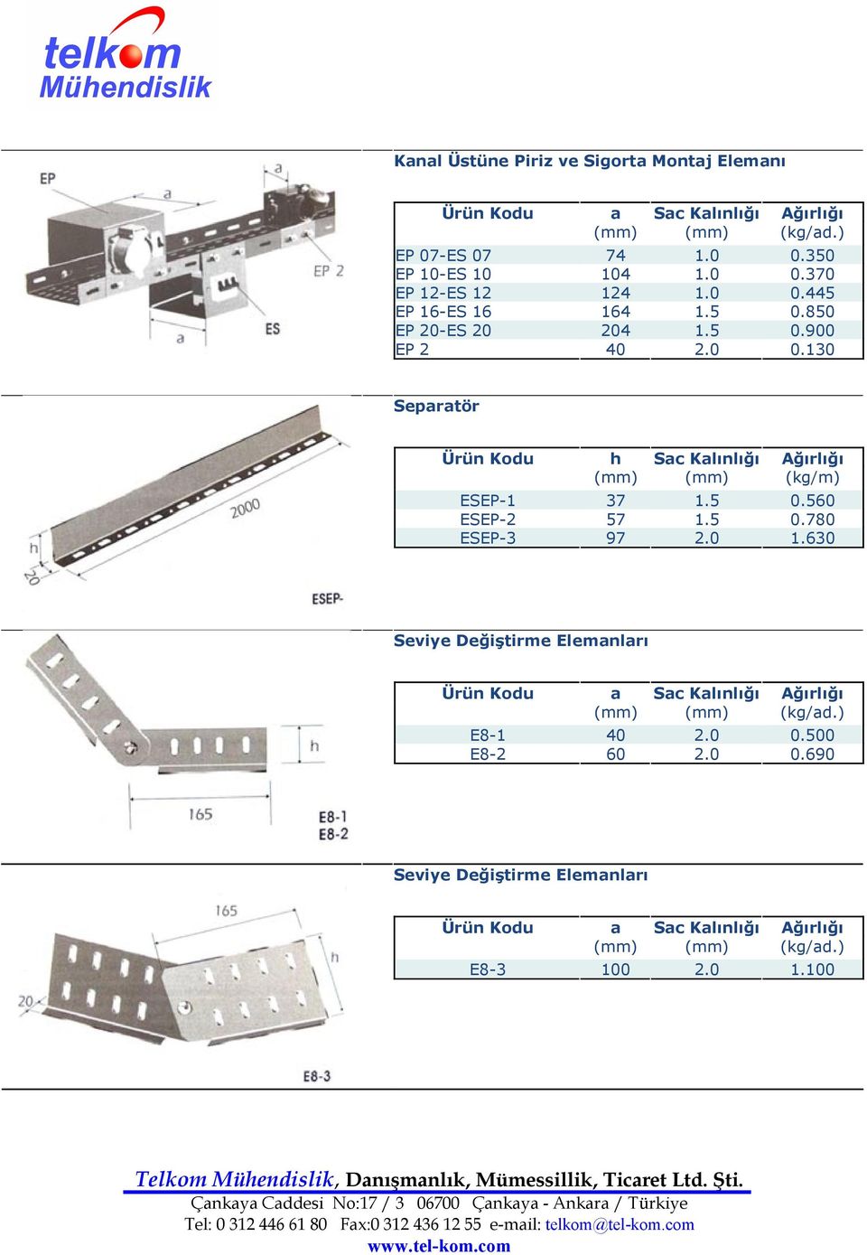 5 0.560 ESEP-2 57 1.5 0.780 ESEP-3 97 2.0 1.630 Seviye Değiştirme Elemanları Ürün Kodu a Sac Kalınlığı Ağırlığı (kg/ad.) E8-1 40 2.0 0.