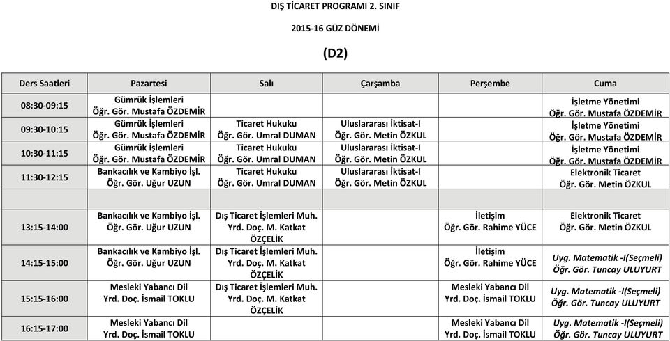 Umral DUMAN Uluslararası İktisat I Uluslararası İktisat I Uluslararası İktisat I İşletme Yönetimi İşletme Yönetimi İşletme Yönetimi Elektronik Ticaret Bankacılık ve