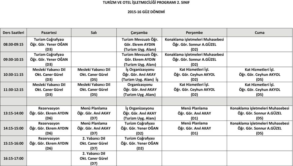 Kat Hizmetleri İşl. Kat Hizmetleri İşl. Kat Hizmetleri İşl. Rezervasyon (D6) Rezervasyon (D6) Rezervasyon (D6) Menü Planlama Menü Planlama 2. Yabancı Dil 2.