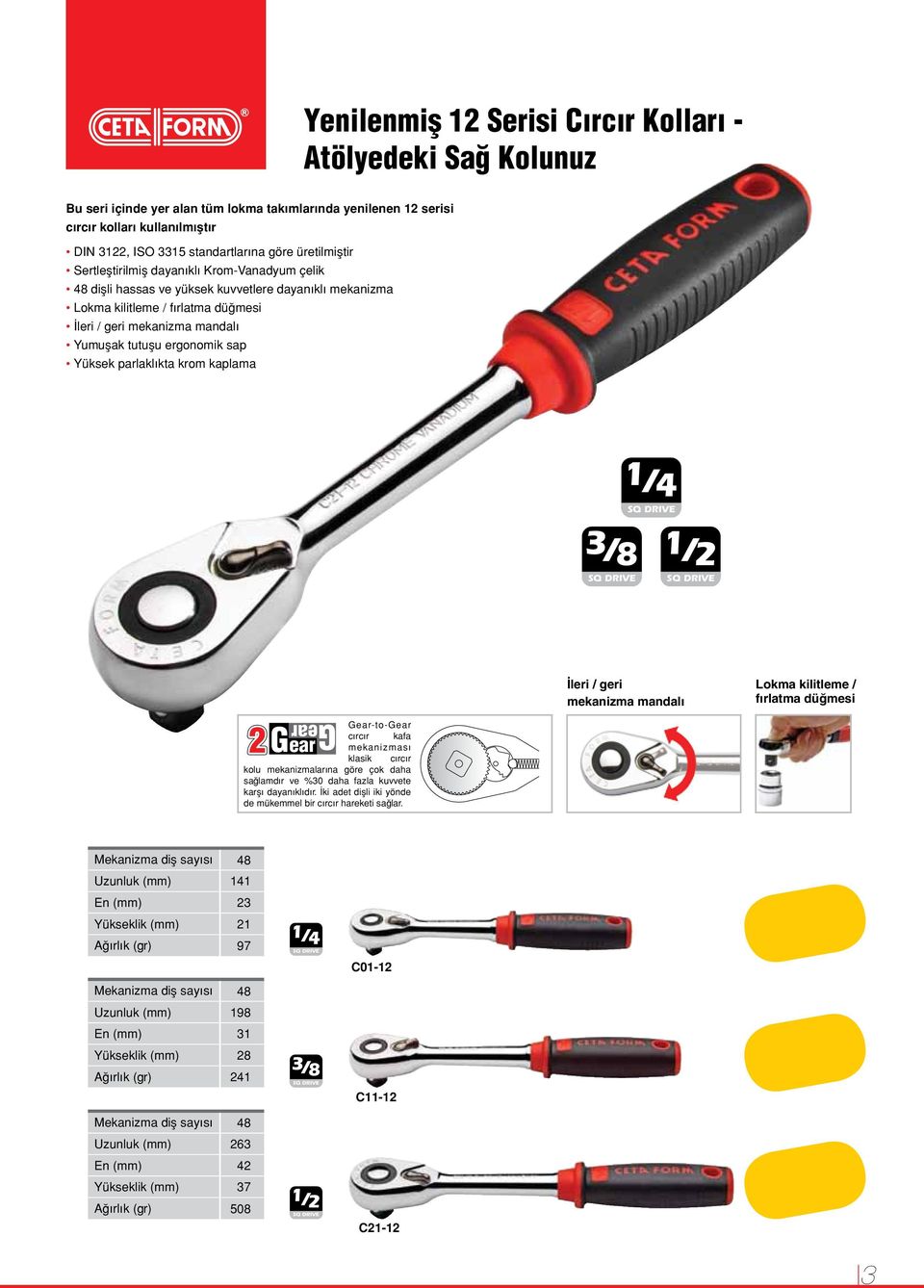 ergonomik sap Yüksek parlaklıkta krom kaplama 1+1 -to- cırcır kafa mekanizması klasik cırcır kolu mekanizmalarına göre çok daha sağlamdır ve %30 daha fazla kuvvete karşı dayanıklıdır.