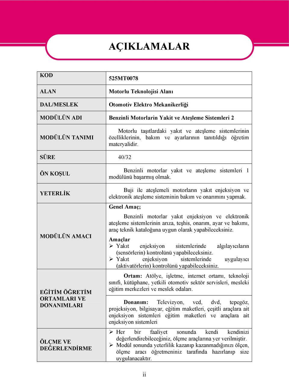 SÜRE 40/32 ÖN KOŞUL YETERLİK MODÜLÜN AMACI EĞİTİM ÖĞRETİM ORTAMLARI VE DONANIMLARI ÖLÇME VE DEĞERLENDİRME Benzinli motorlar yakıt ve ateşleme sistemleri 1 modülünü başarmış olmak.