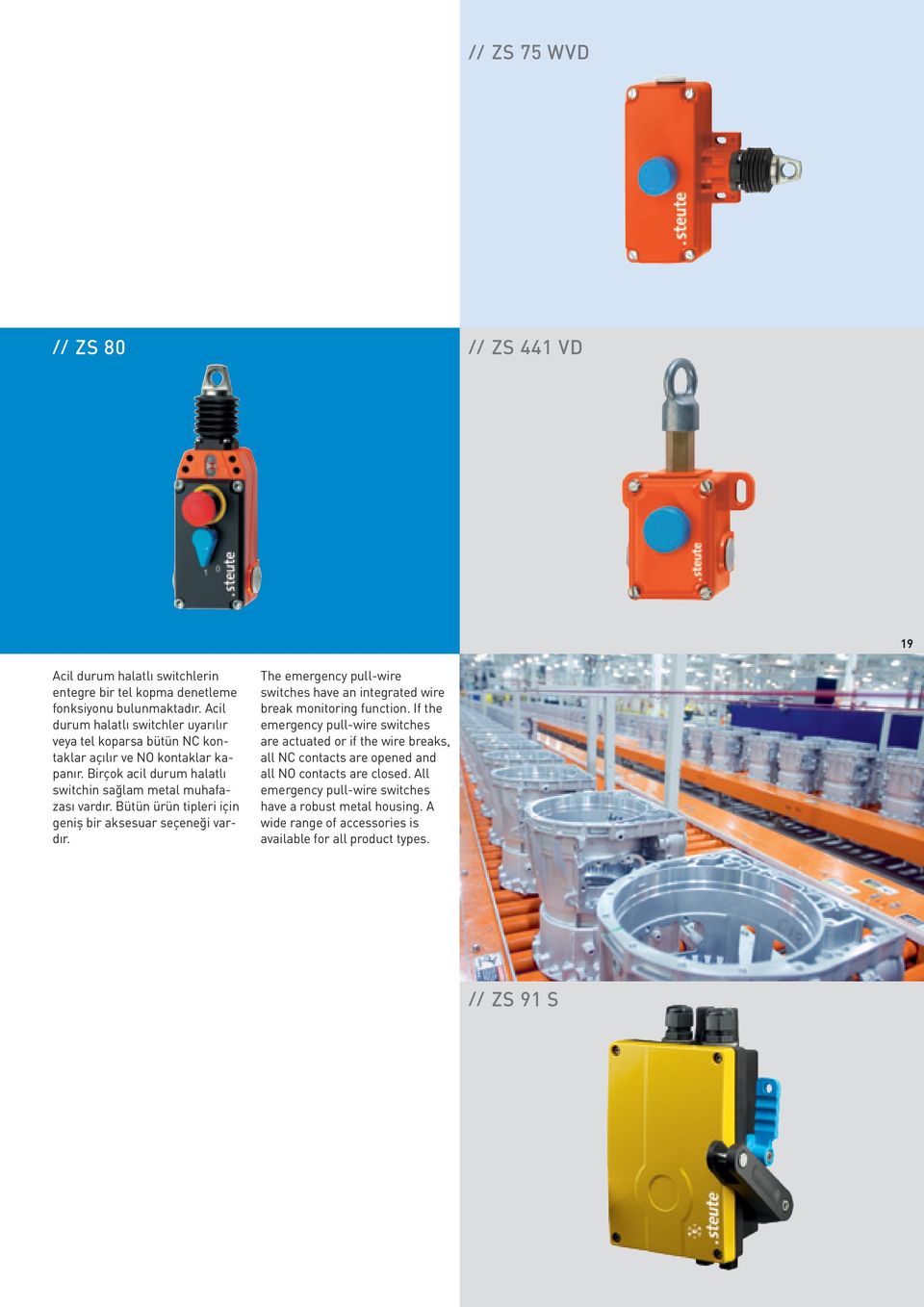 Bu tu n u ru n tipleri için geniş bir aksesuar seçeneği vardır. The emergency pull-wire switches have an integrated wire break monitoring function.