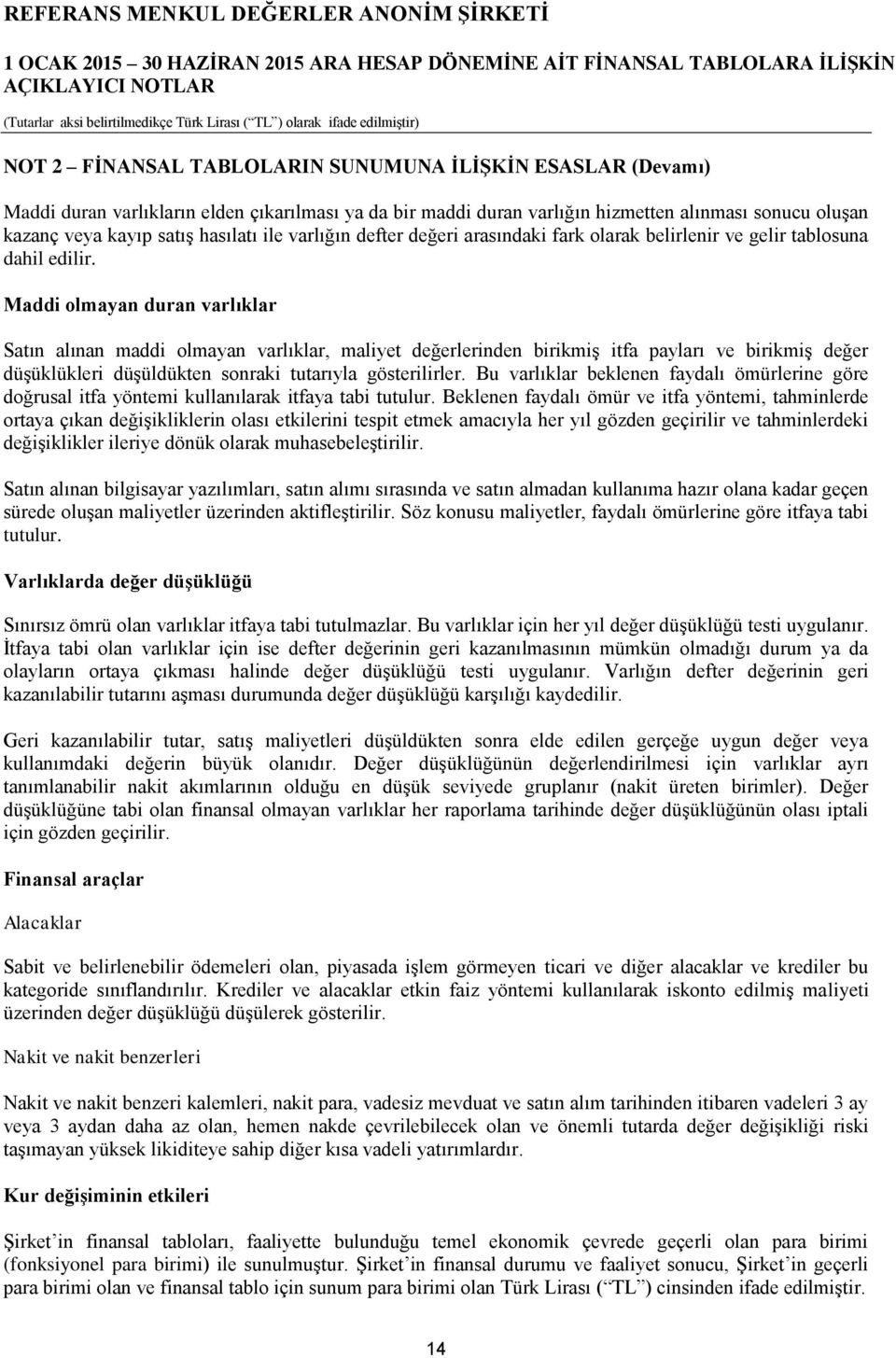 Maddi olmayan duran varlıklar Satın alınan maddi olmayan varlıklar, maliyet değerlerinden birikmiş itfa payları ve birikmiş değer düşüklükleri düşüldükten sonraki tutarıyla gösterilirler.