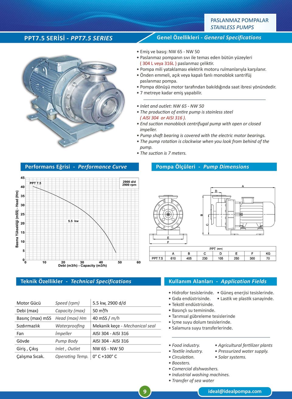 End suction monoblock centrifugal pump with open or closed impeller. Pump shaft bearing is covered with the electric motor bearings.