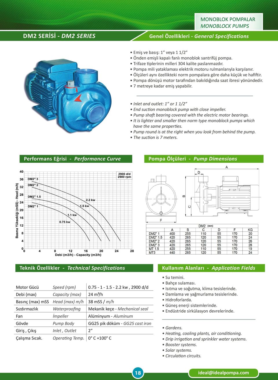 Pump shaft bearing covered with the electric motor bearings. It is lighter and smaller then norm type monoblock pumps which have the same properties.