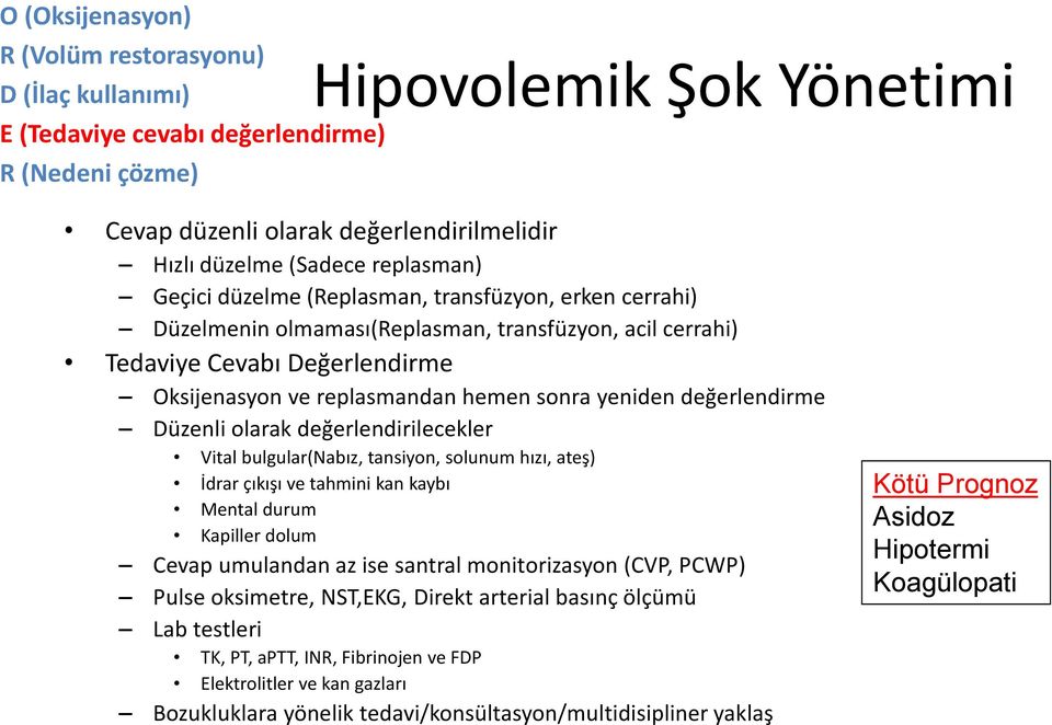 yeniden değerlendirme Düzenli olarak değerlendirilecekler Vital bulgular(nabız, tansiyon, solunum hızı, ateş) İdrar çıkışı ve tahmini kan kaybı Mental durum Kapiller dolum Cevap umulandan az ise