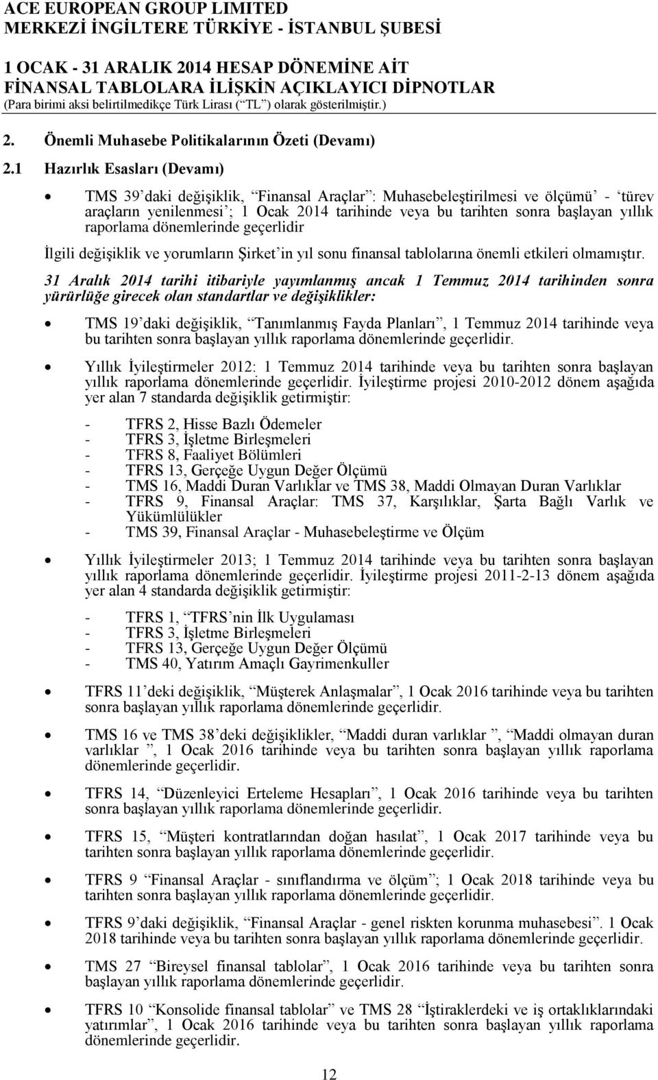 raporlama dönemlerinde geçerlidir İlgili değişiklik ve yorumların Şirket in yıl sonu finansal tablolarına önemli etkileri olmamıştır.