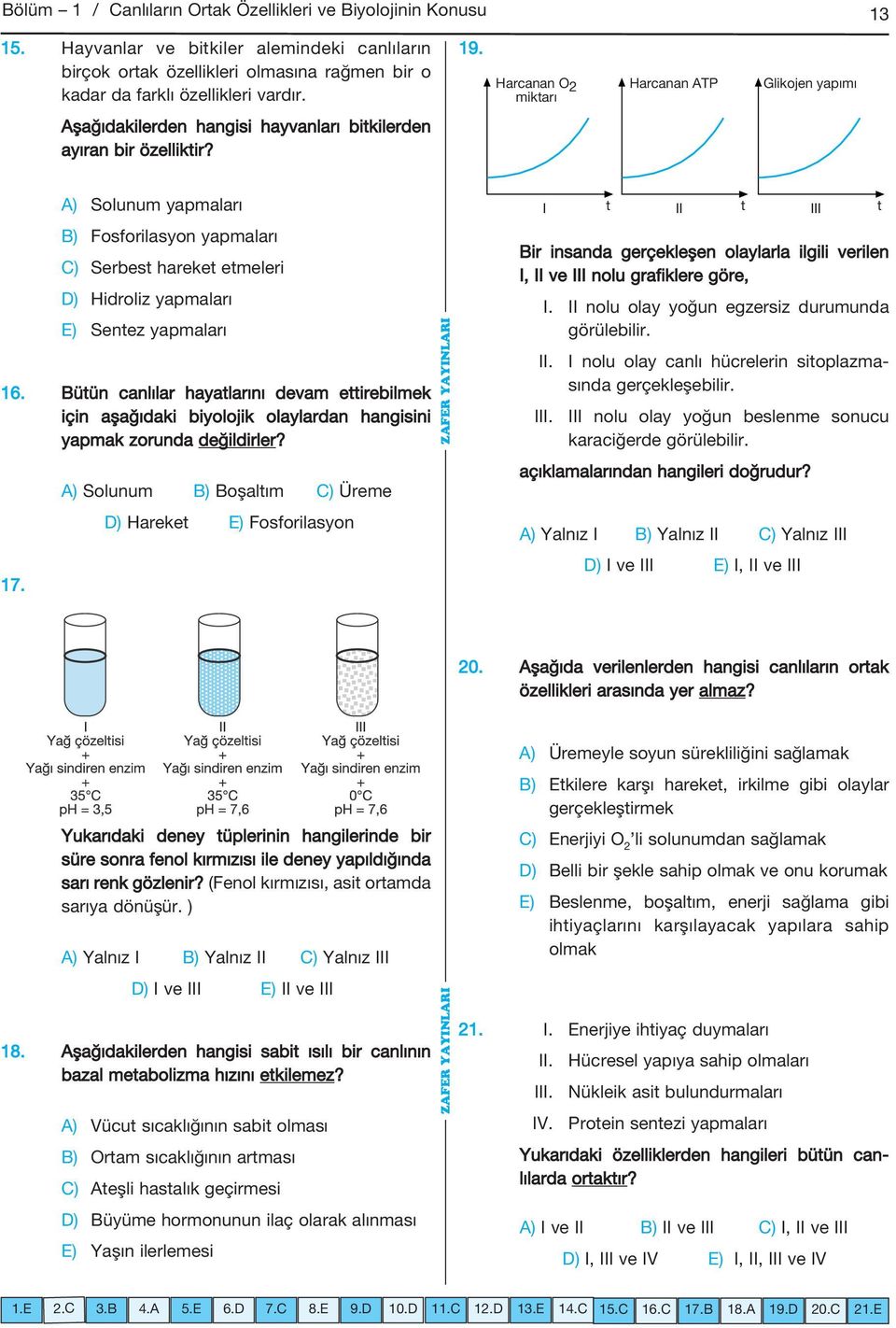 A) Solunum yapmaları B) Fosforilasyon yapmaları C) Serbest hareket etmeleri D) Hidroliz yapmaları E) Sentez yapmaları 16.