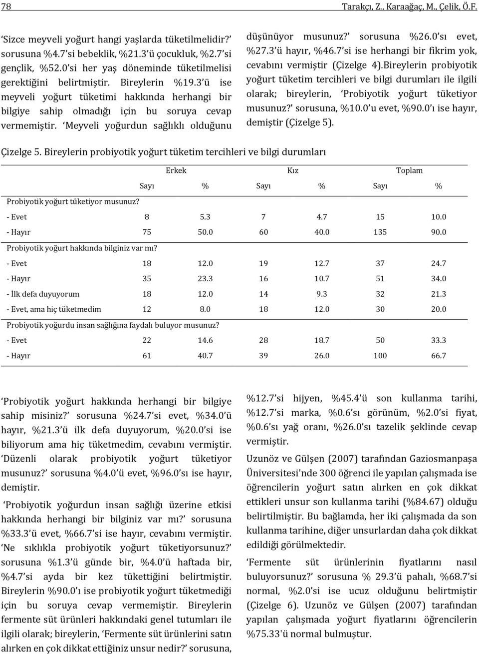 Meyveli yoğurdun sağlıklı olduğunu düşünüyor musunuz? sorusuna %26.0 sı evet, %27.3 ü hayır, %46.7 si ise herhangi bir fikrim yok, cevabını vermiştir (Çizelge 4).