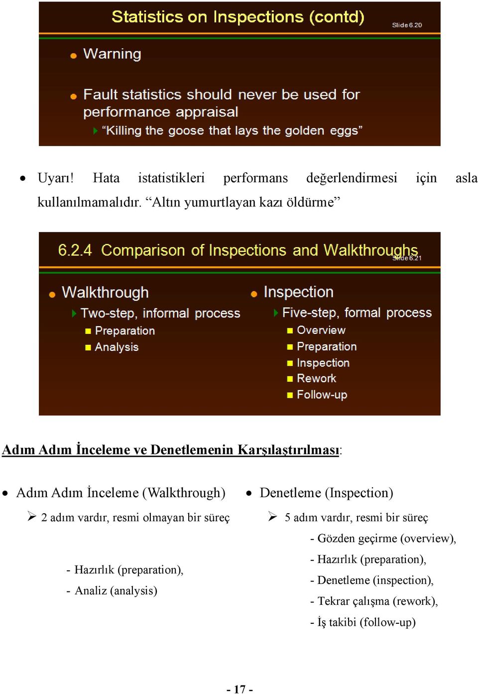 adım vardır, resmi olmayan bir süreç - Hazırlık (preparation), - Analiz (analysis) Denetleme (Inspection) 5 adım