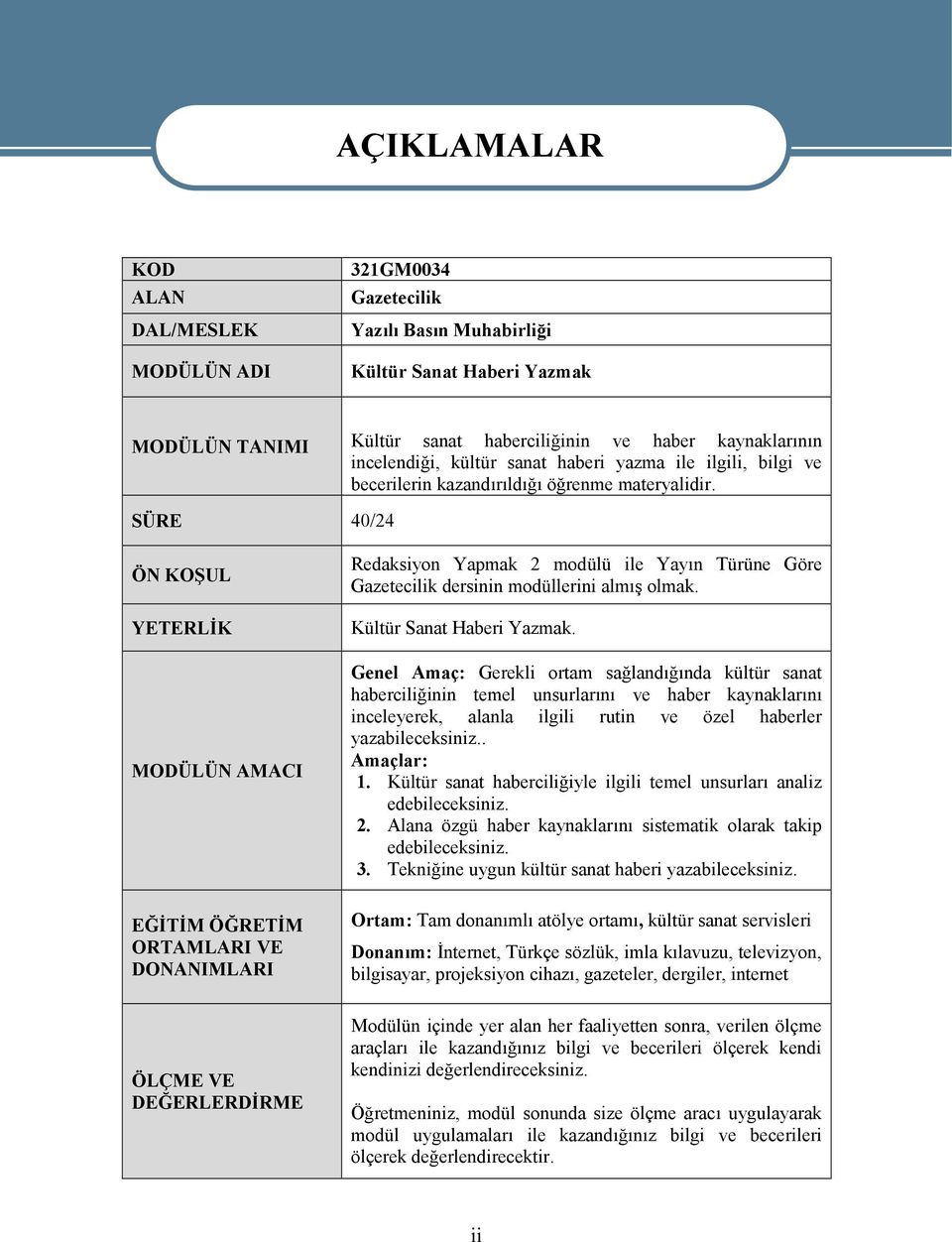 SÜRE 40/24 ÖN KOŞUL YETERLİK MODÜLÜN AMACI Redaksiyon Yapmak 2 modülü ile Yayın Türüne Göre Gazetecilik dersinin modüllerini almış olmak. Kültür Sanat Haberi Yazmak.