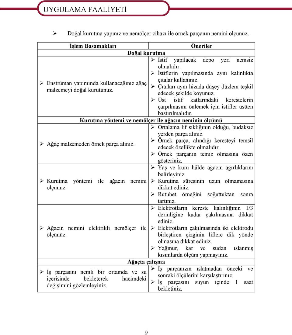 İstiflerin yapılmasında aynı kalınlıkta çıtalar kullanınız. Çıtaları aynı hizada düşey düzlem teşkil edecek şekilde koyunuz.