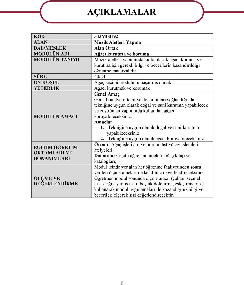 SÜRE 40/24 ÖN KOŞUL Ağaç seçimi modülünü başarmış olmak YETERLİK Ağacı kurutmak ve korumak Genel Amaç Gerekli atelye ortamı ve donanımları sağlandığında tekniğine uygun olarak doğal ve suni kurutma