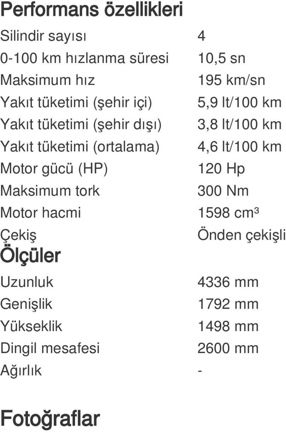 4,6 lt/100 km Motor gücü (HP) 120 Hp Maksimum tork 300 Nm Motor hacmi 1598 cm³ Çekiş Ölçüler Uzunluk