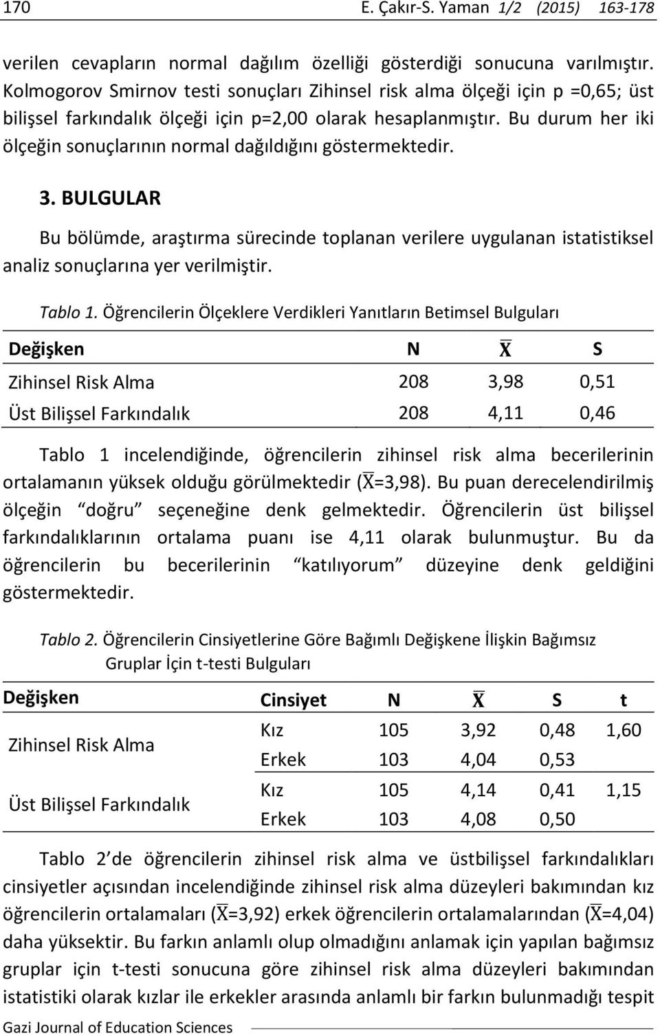 Bu durum her iki ölçeğin sonuçlarının normal dağıldığını göstermektedir. 3. BULGULAR Bu bölümde, araştırma sürecinde toplanan verilere uygulanan istatistiksel analiz sonuçlarına yer verilmiştir.