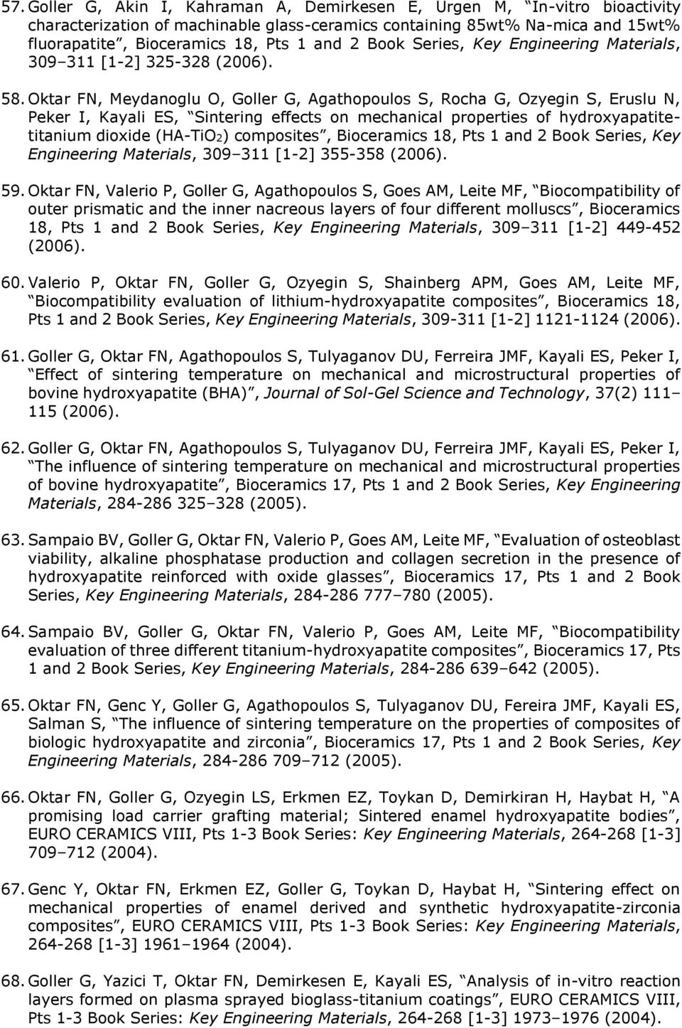 Oktar FN, Meydanoglu O, Goller G, Agathopoulos S, Rocha G, Ozyegin S, Eruslu N, Peker I, Kayali ES, Sintering effects on mechanical properties of hydroxyapatitetitanium dioxide (HA-TiO2) composites,