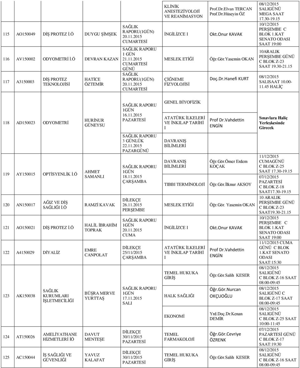 45 HALİÇ 118 AD150023 ODYOMETRİ HURİNUR GÜNEYSU 16.11.2015 I Sınavlara Haliç Yerleşkesinde Girecek 119 AY150015 OPTİSYENLİK İ.Ö 120 AN150017 İ.Ö 121 AO150021 İ.