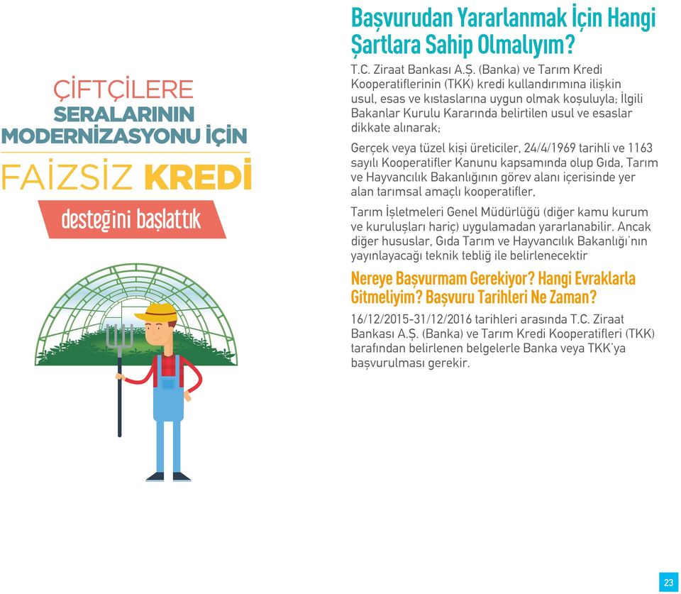 (Banka) ve Tarım Kredi Kooperatiflerinin (TKK) kredi kullandırımına ilişkin usul, esas ve kıstaslarına uygun olmak koşuluyla; İlgili Bakanlar Kurulu Kararında belirtilen usul ve esaslar dikkate