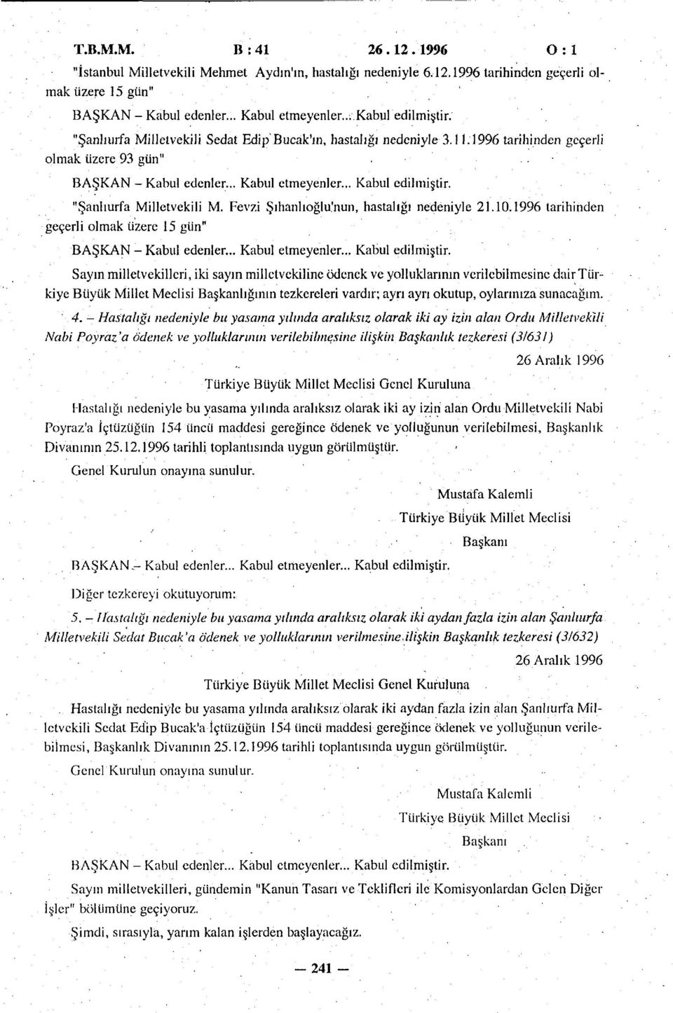 "Şanlıurfa Milletvekili M. Fevzi Şıhanlıoğlu'nun, hastalığı nedeniyle 21.10.1996 tarihinden geçerli olmak üzere 15 gün" BAŞKAN - Kabul edenler... Kabul etmeyenler... Kabul edilmiştir.
