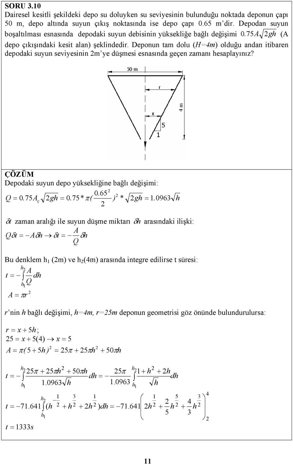 Deonn tam dol (H=m) oldğ andan itibaren deodaki syn seviyesinin m ye düşmesi esnasında eçen zamanı hesalayınız? ÇÖZÜM Deodaki syn deo yüksekliğine bağlı değişimi: 0. 65 Q 0. 75ç h 0. 75* ( ) * h.
