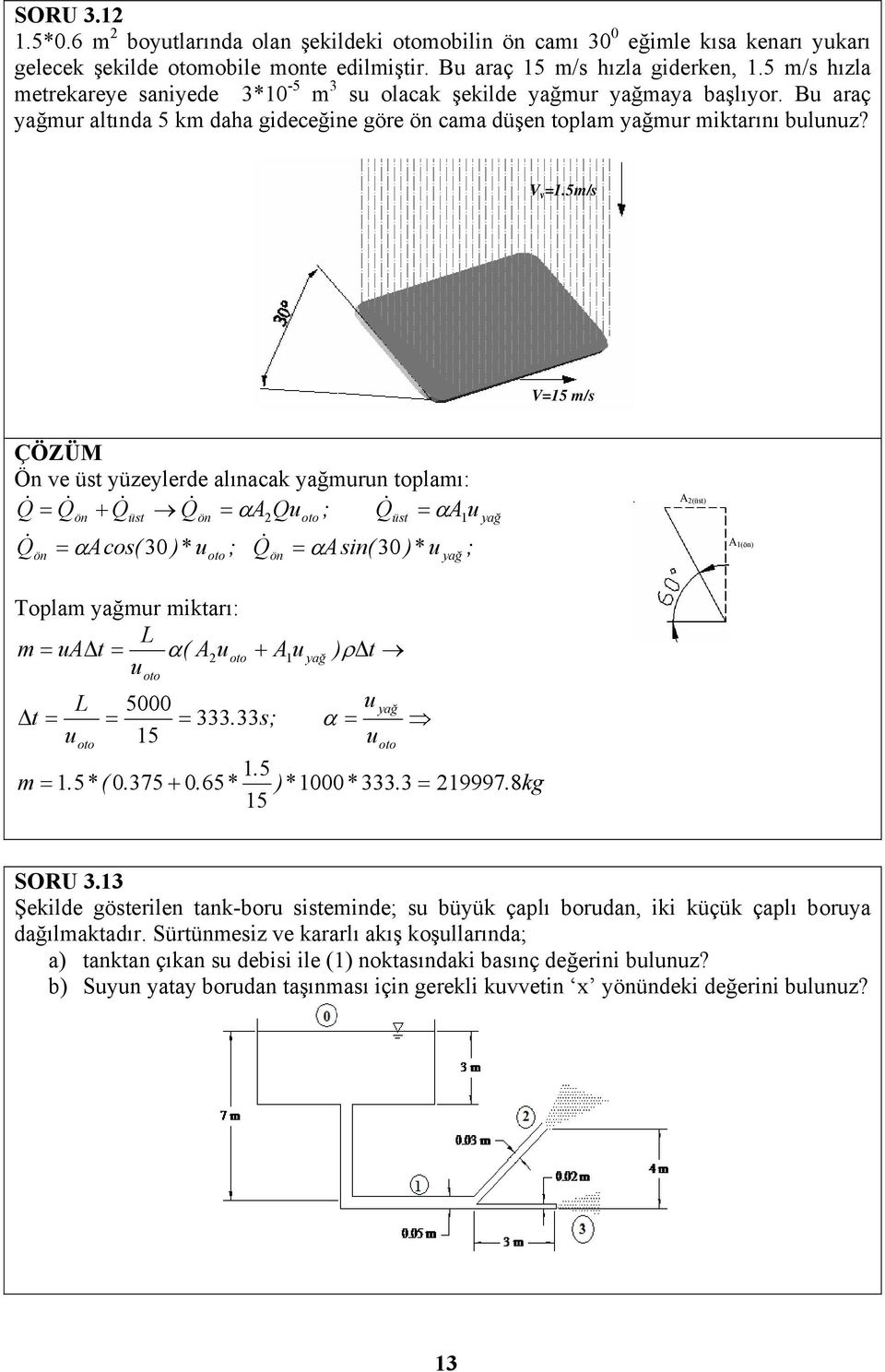 5m/s V=5 m/s ÇÖZÜM Ön ve üst yüzeylerde alınacak yağmrn tolamı: Q Q ön Q üst Q ön Qoto ; Q üst Q cos( )* ; Q sin( )* ; ön 0 oto Tolam yağmr miktarı: L m t ( t L oto oto oto ön 0 5000. s; 5. 5 0. 75 0.