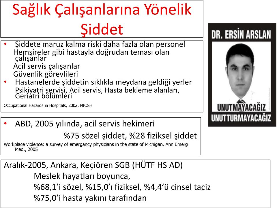 Hospitals, 2002, NIOSH ABD, 2005 yılında, acil servis hekimeri %75 sözel şiddet, %28 fiziksel şiddet Workplace violence: a survey of emergancy physicians in the state of