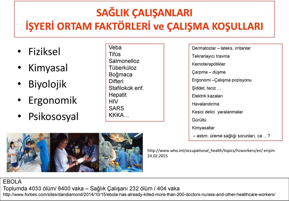 Kesici delici yaralanmalar Gürültü Kimyasallar astım, üreme sağlığı sorunları, ca? http://www.who.int/occupational_health/topics/hcworkers/en/ erişim 24.02.